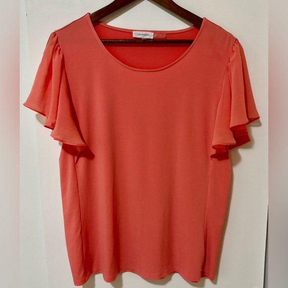 Calvin Klein| Pretty Vibrant Coral Flutter-Sleeve Lightweight Top Blouse Sz L - Picture 1 of 5